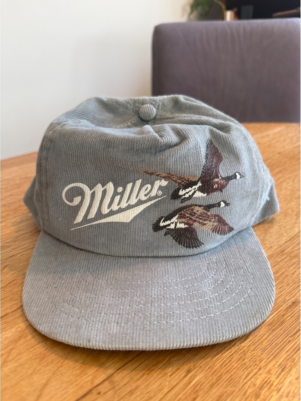 Miller Beer Corduroy Snap Back Trucker Hat Light Blue Geese Made in USA